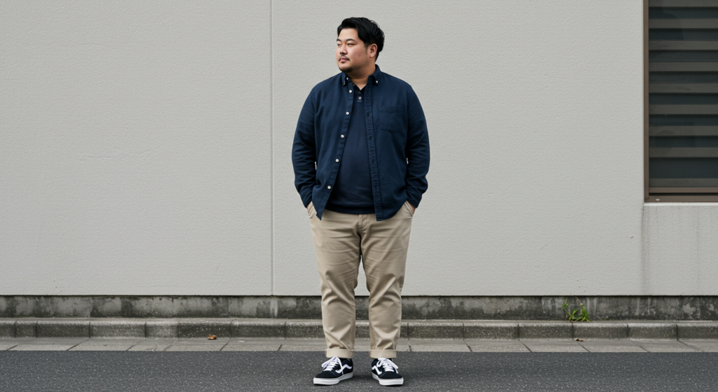ぽっちゃり体型の男性がおしゃれを楽しんでいる様子