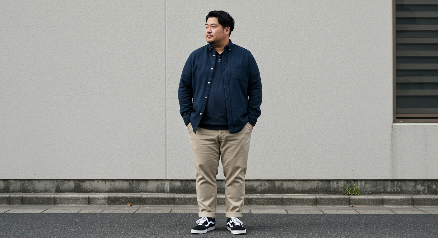 ぽっちゃり体型の男性がおしゃれを楽しんでいる様子
