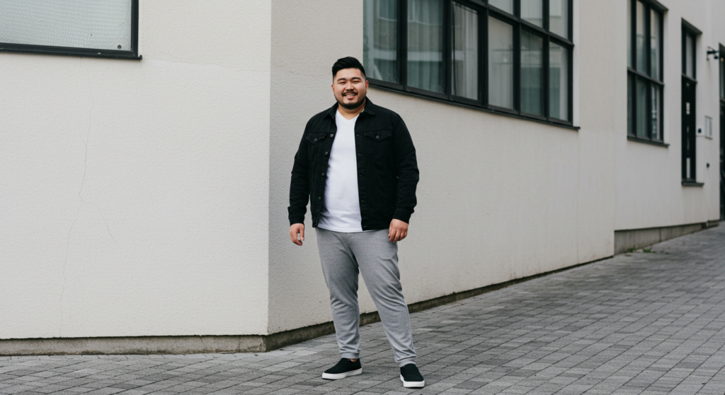 ぽっちゃり体型の男性がおしゃれを楽しんでいる様子