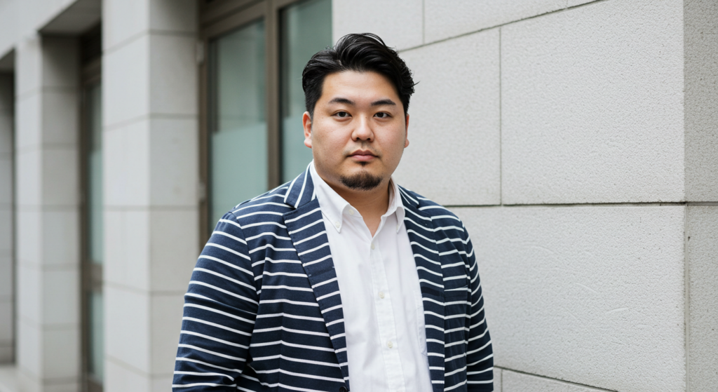 ぽっちゃり体型の男性がおしゃれを楽しんでいる様子